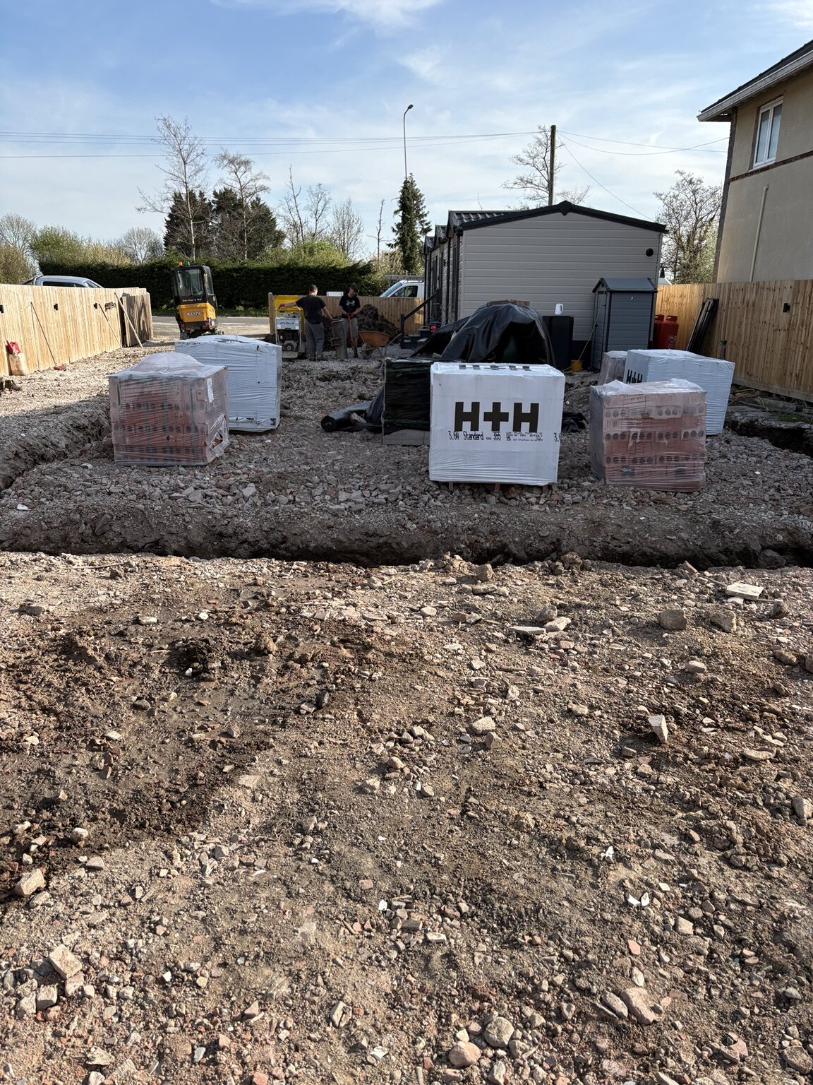 Prepared site and foundation layout for the new-build bungalow